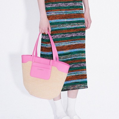 Woven large capacity tote bag with French top layer cowhide and grass woven handbag